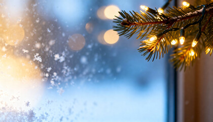 Pine branch decorated with glowing string lights against a winter window and warm bokeh lights.