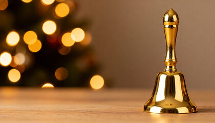 Obraz premium Gold hand bell standing on a wooden surface against a blurred Christmas tree background.