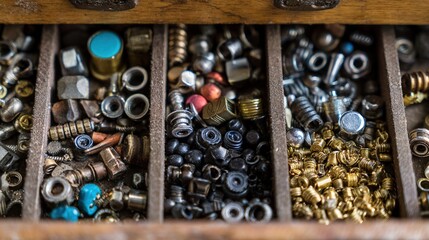 tinkerer. A drawer filled with an assortment of miscellaneous small parts and gadgets. travel magazines, destination branding, designed for outdoor magazines and nature guides, drives exploration.