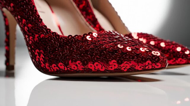 Elegant Red Sequin Heels on White Background, Close Up