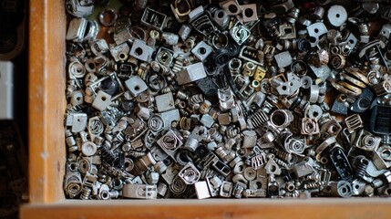 tinkerer. A drawer filled with an assortment of miscellaneous small parts and gadgets. travel magazines, destination branding, designed for outdoor magazines and nature guides, drives exploration.