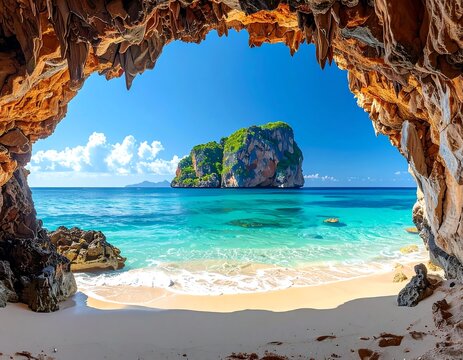 Scenic cave entrance frames turquoise ocean and island under a blue sky