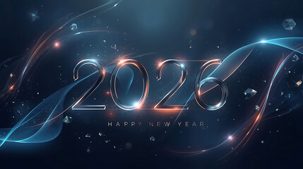Happy new year 2026 with sleek metallic numbers, dynamic light trails, sparkling particles, and scattered crystal elements for a festive, futuristic greeting.
