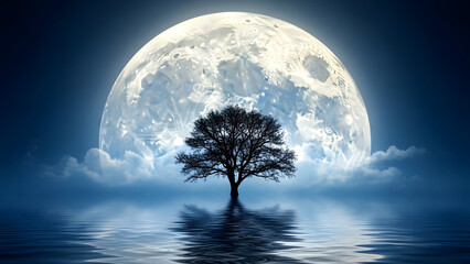 A solitary tree is silhouetted against a giant, luminous full moon, with its reflection shimmering in the calm water below.
