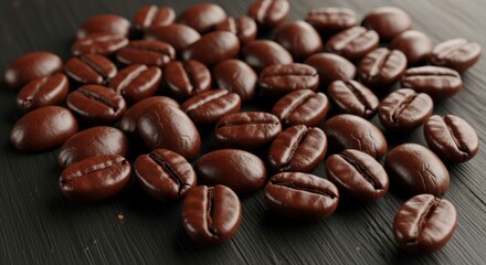Naklejka premium Roasted Coffee Beans - A Close-Up View on Dark Surface.