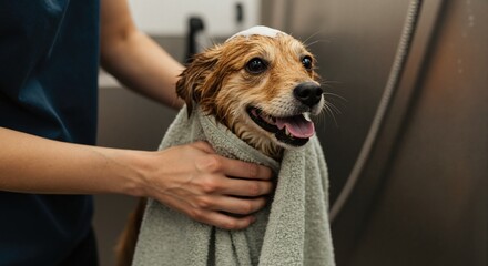 Happy dog getting bath at professional grooming salon. Wet pet with shampoo on its head being dried with towel. Animal hygiene and pet care service concept
