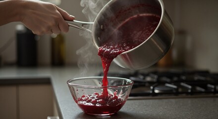 Pouring hot steaming cranberry sauce from saucepan into glass bowl. Making homemade traditional recipe for Thanksgiving or Christmas holiday meal.