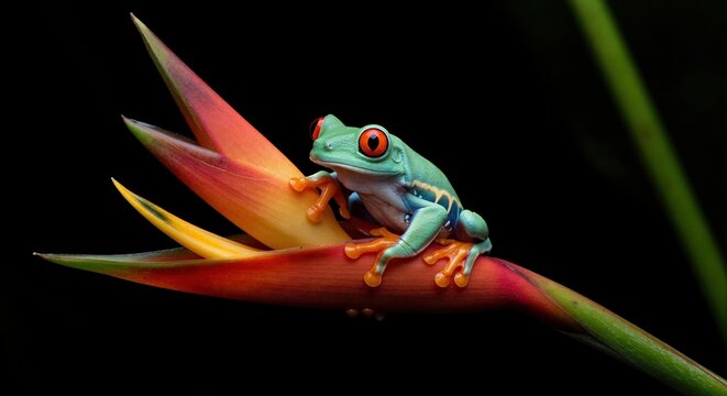 Red-eyed tree frog perched on colorful tropical heliconia flower. Vibrant green amphibian with red eyes in rainforest setting against black background. Macro wildlife photography with copy space