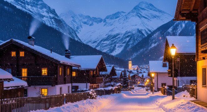 Cozy winter village with snow and warm lights in the evening - Powered by Adobe