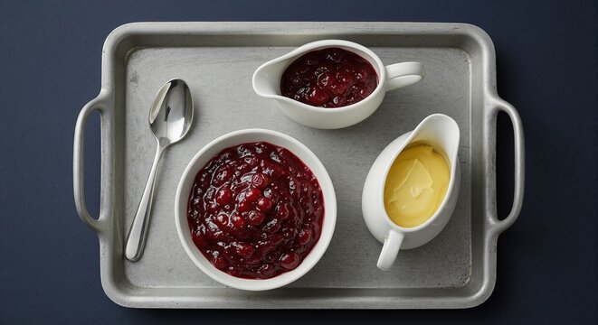 Top view flat lay of holiday sauces on rustic metal tray. Cranberry sauce and custard served in white ceramic bowls and sauce boats for festive meal