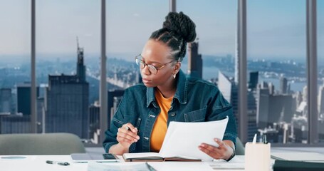 Media agency, reading and black woman in office, documents and grammar for article. African person, magazine editor or journalist with paperwork, creativity and submission for news report or spelling