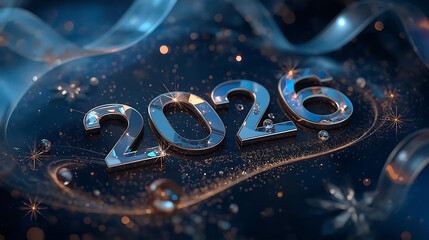 A sophisticated rendering of the number 2026 in lustrous metallic, shimmering against a deep blue background with sparkling gold confetti and elegant ribbons.