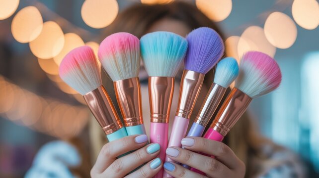 Beauty Brush Symphony: A captivating image showcases a collection of vibrant, colorful makeup brushes held delicately, inviting the viewer into the world of beauty and artistic self-expression. 