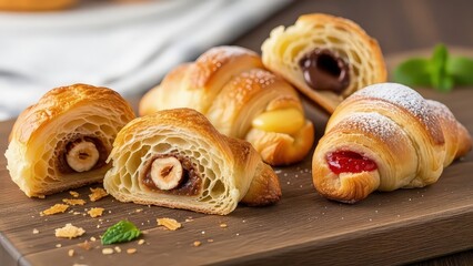 Delicious assortment of freshly baked croissants with chocolate and hazelnut filling isolated on white background