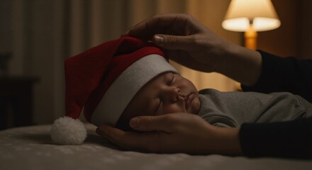 Sleeping newborn baby wearing Christmas Santa hat. Parent's hands gently cradle infant's head in dark, cozy room. Tender family holiday moment