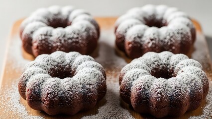 Four delicious bundt cakes dusted with powdered sugar isolated on white background