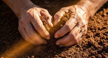 Farmer hands holding fertile soil with sunlight in the field