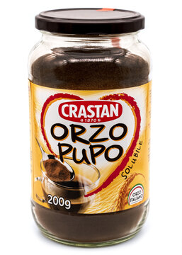 Crastan Orzo Pupo,jar of soluble barley,Italian brand product on a white background.
