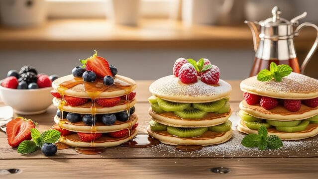 Three colorful fruit pancake stacks with fresh berries and mint leaves isolated on white background - Powered by Adobe