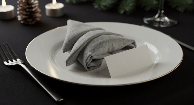 Elegant Christmas table setting with folded napkin and blank place card. Formal holiday dinner arrangement on dark background. Festive fine dining concept