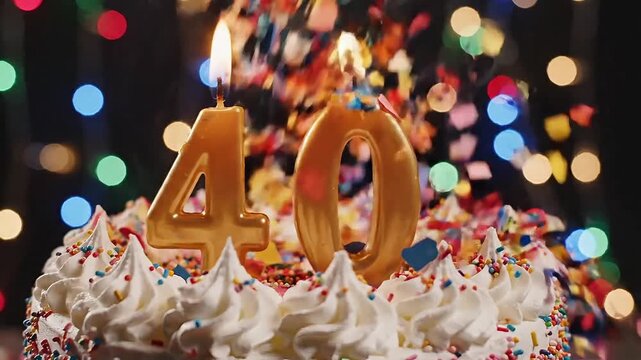 Festive birthday cake with '40' candles and falling confetti against a bokeh background