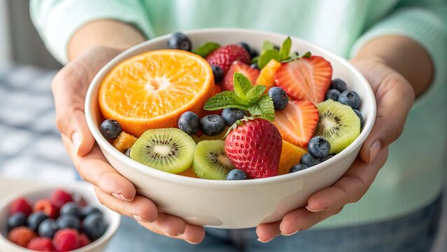 Person's hands present a fresh, colorful fruit salad in a white bowl, featuring strawberries, blueberries, kiwi, and orange slices with mint. healthy eating concept.