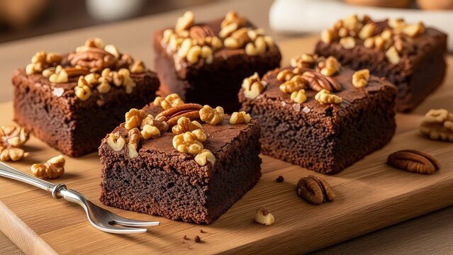 Delicious chocolate brownies topped with walnuts isolated on white background - Powered by Adobe