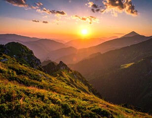 Obraz premium Majestic sunset over a series of layered mountain ranges, with vibrant sky and warm tones