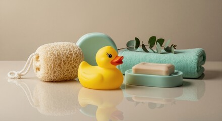 Baby bathtime accessories with yellow rubber duck. Personal care still life with soap, natural sponge, and towel for spa and wellness