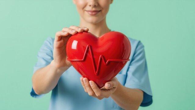 Female doctor holding red heart with ECG line. Cardiology, healthcare, and medical insurance concept. Heart health and wellness symbol with copy space