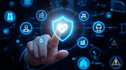 A finger touching a glowing shield icon surrounded by safety and security related icons in a dark setting