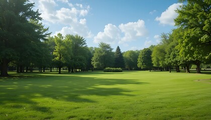 Obraz premium Peaceful Green Park Landscape with Trees, Blue Sky and Lawn
