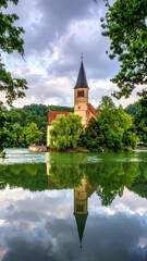 Obraz premium Scenic church on small island with reflection in serene water
