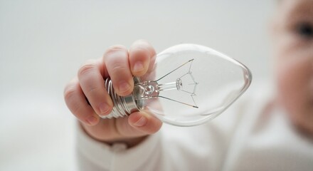 Child's hand holding clear incandescent light bulb. New idea, innovation, and future energy concept with copy space