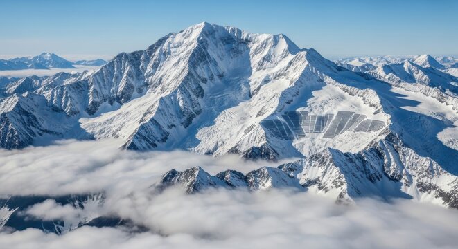 Majestic snow-covered mountain peak rising above the clouds