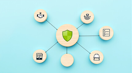 Wooden circles with icons connected to a shield on a light blue background forming a network diagram