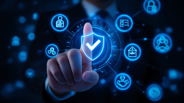 Finger touching security shield icon surrounded by glowing digital interface icons on dark background - Powered by Adobe