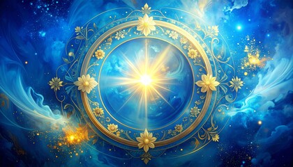 Divine light shining in a blue and gold abstract cosmic painting, representing the purity and grace of the Virgin for Día de la Inmaculada Concepción.