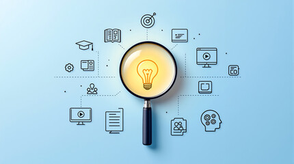 Fototapeta premium A lightbulb under a magnifying glass surrounded by icons on a light blue background in a flat style
