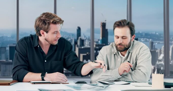 Creative, men and meeting with tablet in office for discussion, review article and manuscript. People, team and talking with documents for headline feedback, proofreading story and publication report