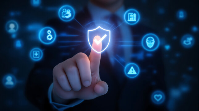 A person touching a digital shield with a checkmark surrounded by digital icons in a blue hue light