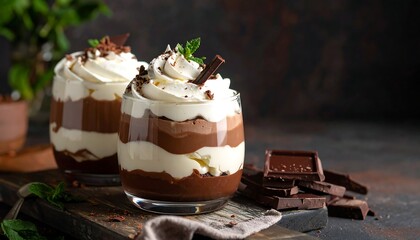 Two layered chocolate desserts in clear glasses topped with whipped cream, chocolate shavings, and mint