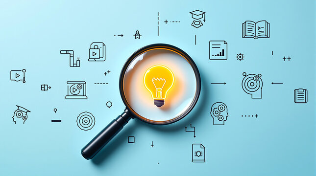 A magnifying glass focusing on a light bulb surrounded by educational and business related icons - Powered by Adobe