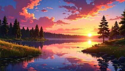 Serene anime-style lake scene with vibrant sunset, trees, and reflecting water