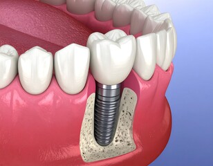 Medical illustration of a dental implant, showcasing the structure and placement in the jaw