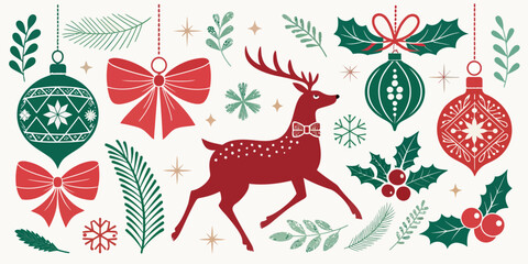 Charming holiday season elements featuring a reindeer with a bow tie, festive ornaments, ribbons, snowflakes, and sprigs of holly for joyous designs