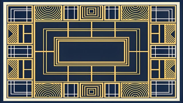 Intricate geometric art deco pattern with concentric rectangles and arched motifs on dark blue background