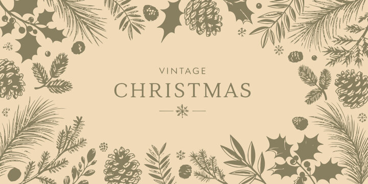 Celebrate vintage Christmas with elegant pinecones and holly decorations, perfect for festive greetings and classic holiday designs for invitations and cards