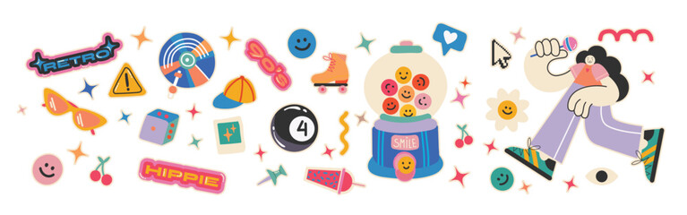 Retro sticker collection featuring 70s and 90s themed objects and doodles