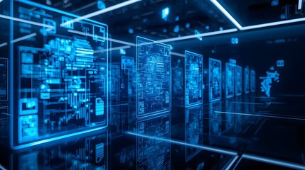 Futuristic data center with glowing screens and a reflective floor.
